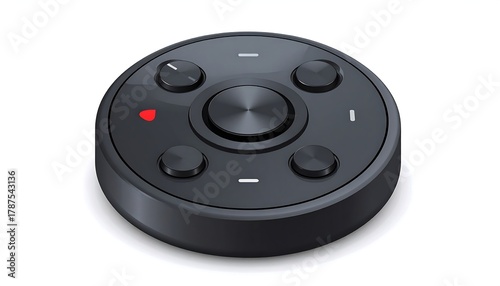 Round matte black device with five dark buttons and a red indicator, angled on a white surface