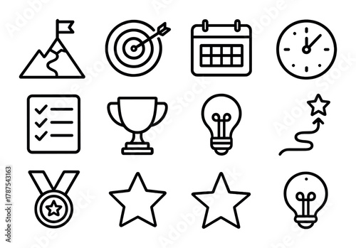 Achievement and planning icons: trophy, target, checklist, medal, stars, lightbulb, calendar, clock