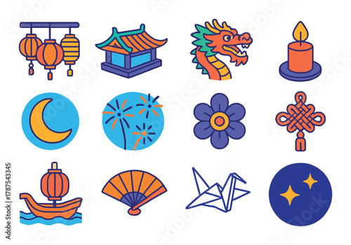Colorful asian-themed icons featuring lanterns, dragon, pagoda, candle, and more