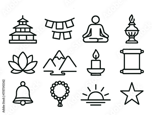 Outline icons of meditation, nature, and spiritual symbols on olive background