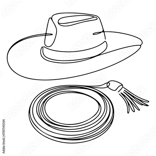 Continuous single line drawing of a Western cowboy hat and a coiled lasso whip in a minimalist art style