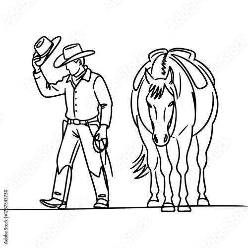 Vector line art illustration of a cowboy respectfully tipping his hat beside his calm horse, depicting classic Western heritage and ranch spirit