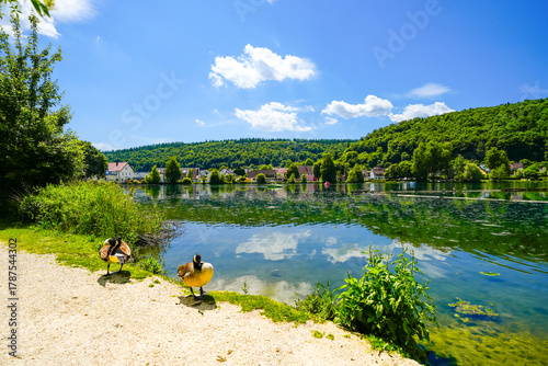 Landscape at Lake Itzelberg. Idyllic nature at the lake near Itzelberg in the Swabian Alb near Königsbronn.
