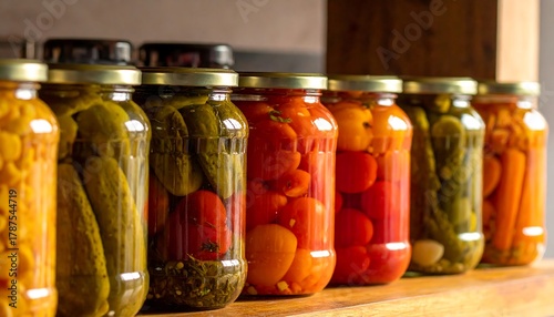 Row of assorted canned food items in glass jars, preserved on a wooden shelf