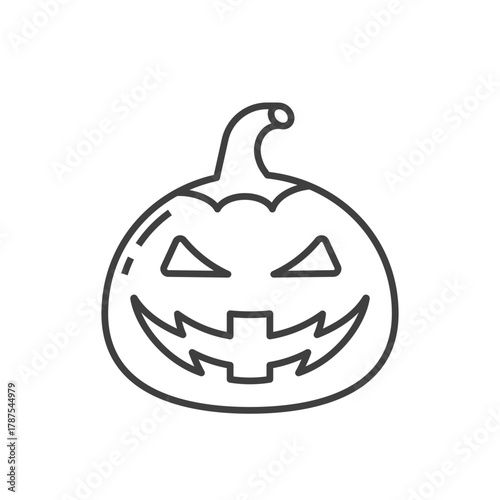 A spooky jack-o’-lantern vector icon in line style. Carved pumpkin with sharp eyes and wicked smile. Editable stroke. Perfect for Halloween designs, decorations, posters, and festive digital graphics