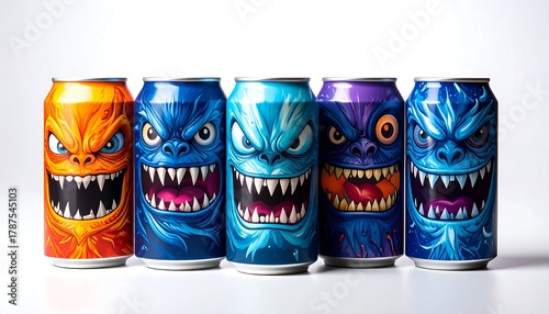 Row of colorful cans with fierce monster face designs on white background, showcasing bright cartoonish features