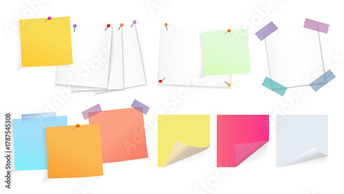 Colorful Sticky Notes and Memo Pads with Pins and Tape - Realistic Vector Templates for Messages, Torn Sheets and Curled Corners. Vector.