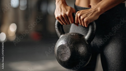 Close-up of a person in workout gear holding a heavy black kettlebell with both hands. The gym setting is dimly lit, suggesting focus and determination generative ai