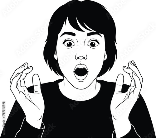 A surprised woman with her mouth open and hands raised in shock, the monochrome vector illustration depicts a cartoon character with a stunned expression