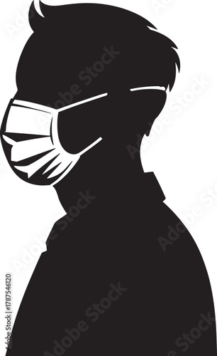 Black silhouette of person wearing protective medical face mask side profile view