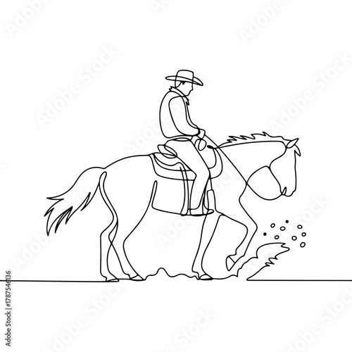 One line drawing of a cowboy riding a horse across a land in simple outline black and white