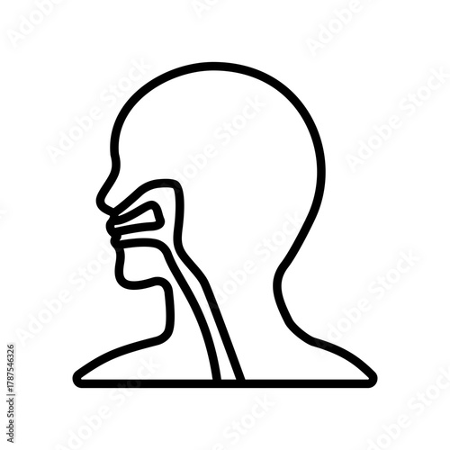 A simplified graphic showcases the human respiratory system, highlighting the pathway of air from the nasal cavity through the throat, trachea, and into the lungs. Outline icons, minimalist vector ill