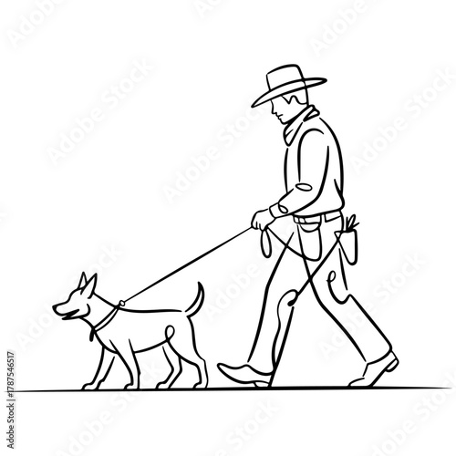 Man Walking Dog Line Drawing Person Leading Canine on Leash for Training or Exercise