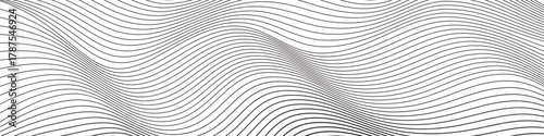 Abstract wavy lines background. Dense optical flow pattern with warped parallel curves. Illusion of movement and depth, modern design concept for vibration, frequency. Vector illustration.