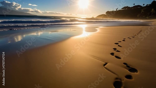 Golden Beach Sunset with Footprints in the Sand, Ocean Waves and Tropical Island Horizon