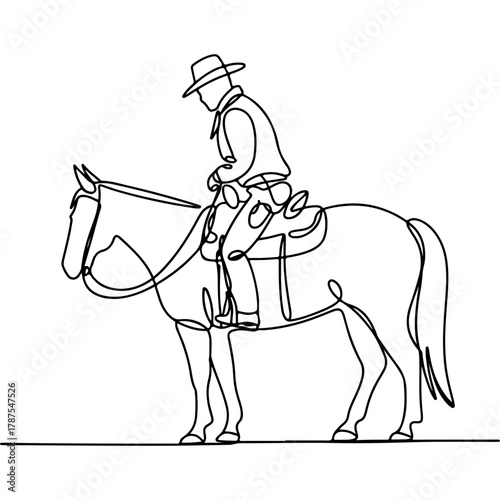 Single Line Drawing of a Cowboy Riding a Horse in a Classic Western Style