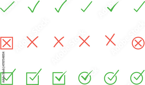 Collection of hand drawn checkmarks and crosses in boxes isolated on transparent background