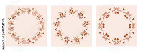 Set of romantic round frames with clinking glasses, bows, hearts, and cherries. Vector illustration for Valentine's cards, wedding invitations, posters, banners, and templates.
