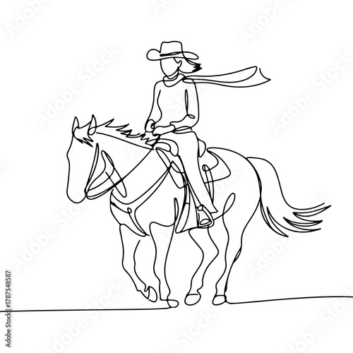 Dynamic one-line illustration capturing a cowgirl riding a horse, symbolizing equestrian skill, western tradition, and minimalist beauty