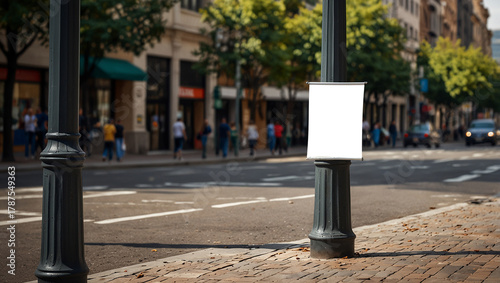 Mockup of a street banner attached to a lamppost on a busy city avenue. Created using generative AI tools