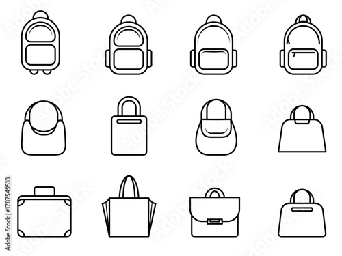 Set of icons of various types of bags, backpacks and women's bags in vector format that is easy to edit