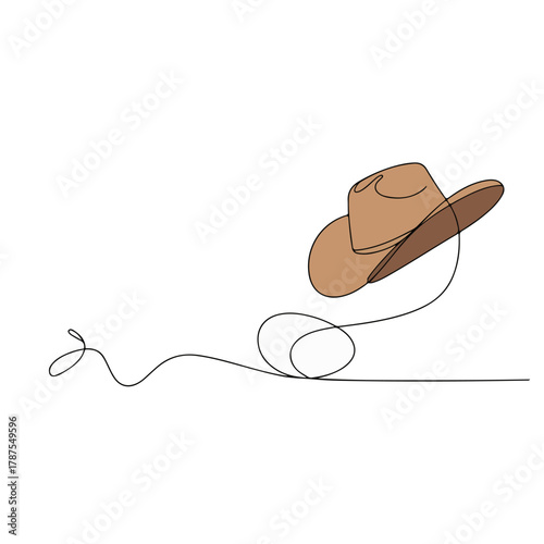 Continuous one-line drawing of a classic brown cowboy hat, a symbol of rugged individualism and timeless Western heritage