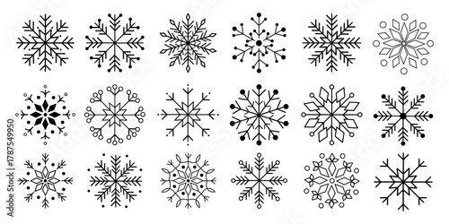 Elegant black snowflake outlines on white background. Hand-drawn linear winter symbols. Vector design for prints, packaging, and modern holiday projects.