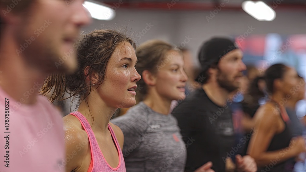 Obraz premium A group of focused athletes jogging indoors, displaying determination. The front woman in a pink tank top, others in athletic gear, convey energy and unity generative ai