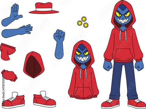 Cartoon character design sheet with blue skin, red hoodie, expressive face, separate parts vector clipart for animation and customization