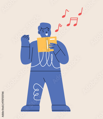 Boy singing song from book. Colorful vector illustration