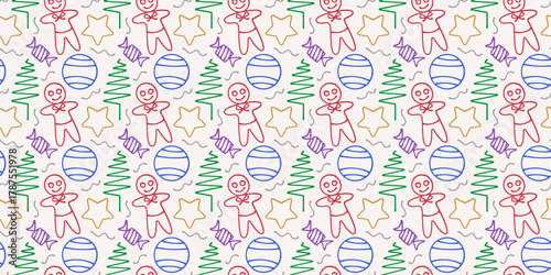 Colorful Gingerbread Christmas Seamless Pattern with Candy, Stars, and Trees