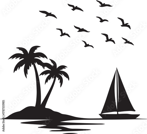  a tropical island with palm trees and a sailboat on a calm sea under a flock of birds white background