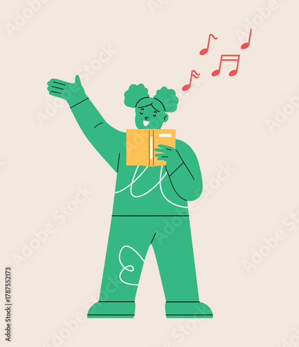 Girl singing song from book. Colorful vector illustration