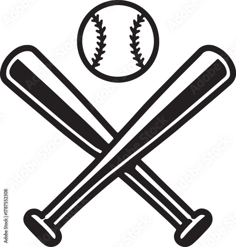 Black and white silhouette vector illustration of crossed baseball bats with a baseball above them