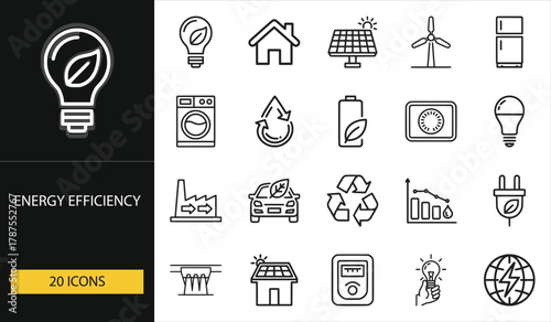 Energy efficiency icon pack featuring eco power, renewable resources, and sustainability symbols. Ideal for green energy, environment, and smart living projects
