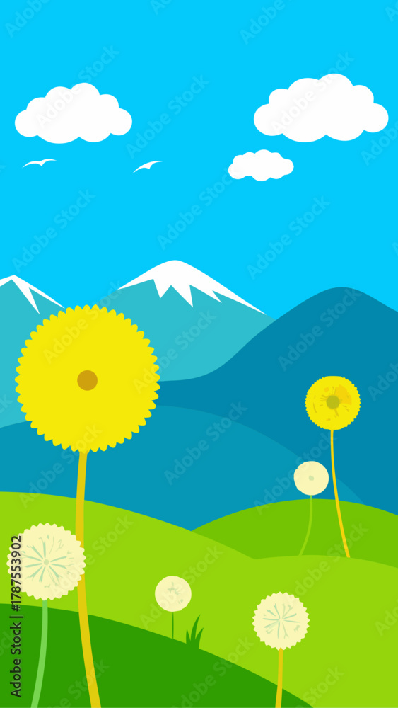 Fototapeta premium Dandelions in a field with mountains and blue sky
