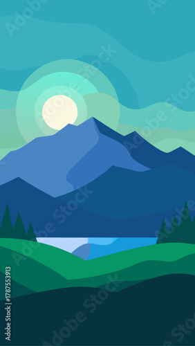 Scenic mountain landscape with lake and rising sun