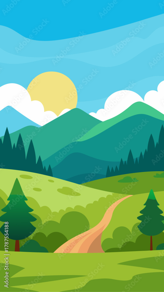 Fototapeta premium Cartoon landscape with mountains sun and winding path