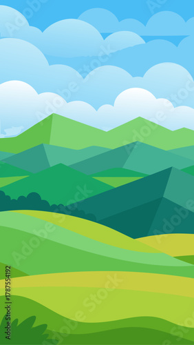 Cartoon landscape with green hills and cloudy sky