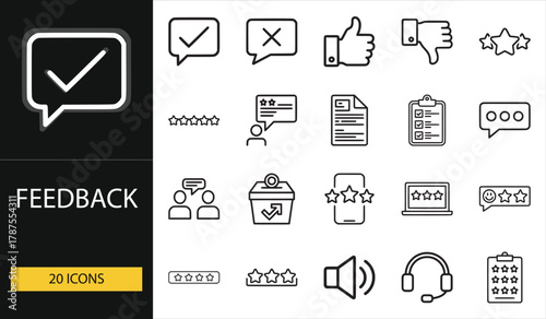 Feedback icon set with rating, comment, review, and communication symbols. Ideal for UX design, surveys, customer support, and business analysis visuals