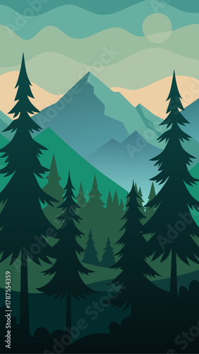Illustration of forest landscape with mountain view