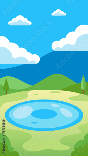 Cartoon landscape with a pond and rolling green hills