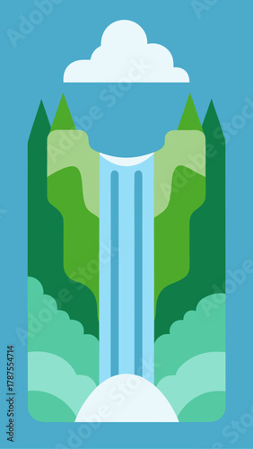 Stylized landscape with waterfall and cloud above it