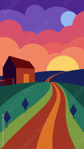 Barn and road landscape with sunset and cloudscape