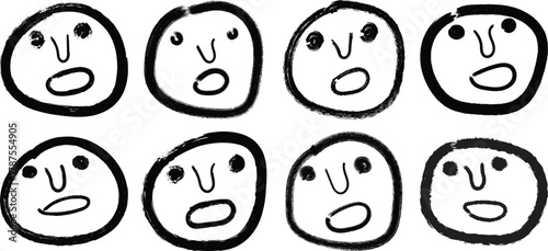 Eight simple hand drawn cartoon faces with open mouths expressing surprise or shock