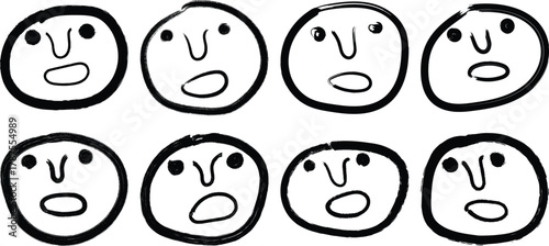 Eight simple hand drawn cartoon faces with open mouths expressing surprise or shock