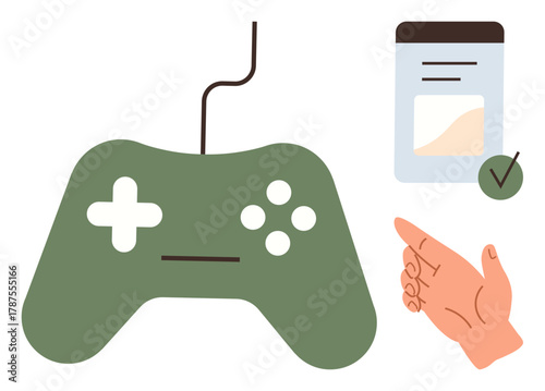 Green game controller, document with checkmark, and pointing hand highlighting rules and guidelines. Ideal for gaming, instructions, approval, learning, interaction, play simple flat metaphor