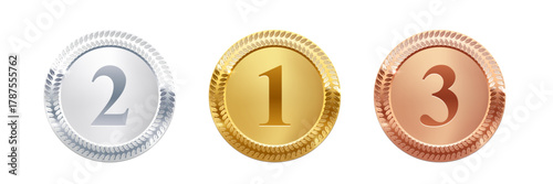 Gold, silver, bronze circle medals. Metal coins. First, second, third place award frames isolated on white background. Winners trophy. Shiny badge, label. Realistic vector illustration.