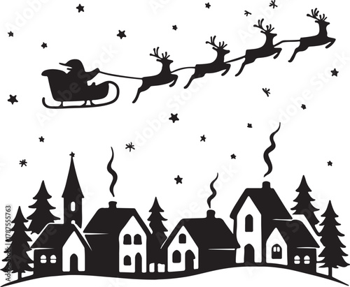 Charming winter village scene with santa claus flying in sleigh silhouette vector
