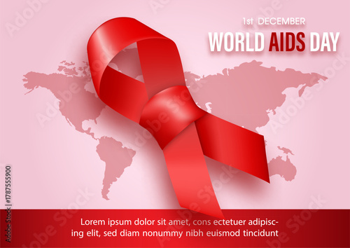 Awareness giant red ribbon with the day and name of event, example text and symbol of virus on world map and pink background. World AIDS day poster's campaign in vector design.